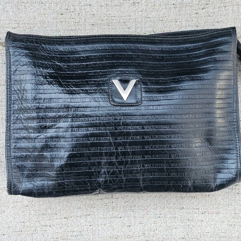 Valentino Cosmetic Bag Black Leather Clutch Make Up Bag Purse made in Italy
